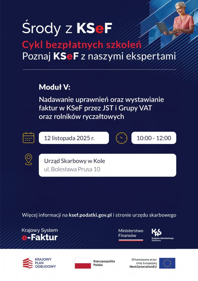 Na ciemnym tle w prawym górnym rogu kobieta z laptopem w ręku. Informacja o szkoleniach dotyczących KSeF