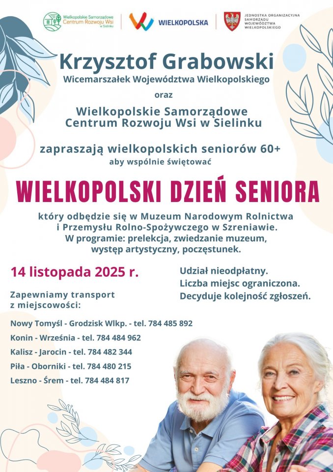 Na zdjęciu widoczni seniorzy 1 kobieta i 1 mężczyzna oraz informacje o Wielkopolskim Dniu Seniora w dniu 14.11.2025r.  w Szreniawie.