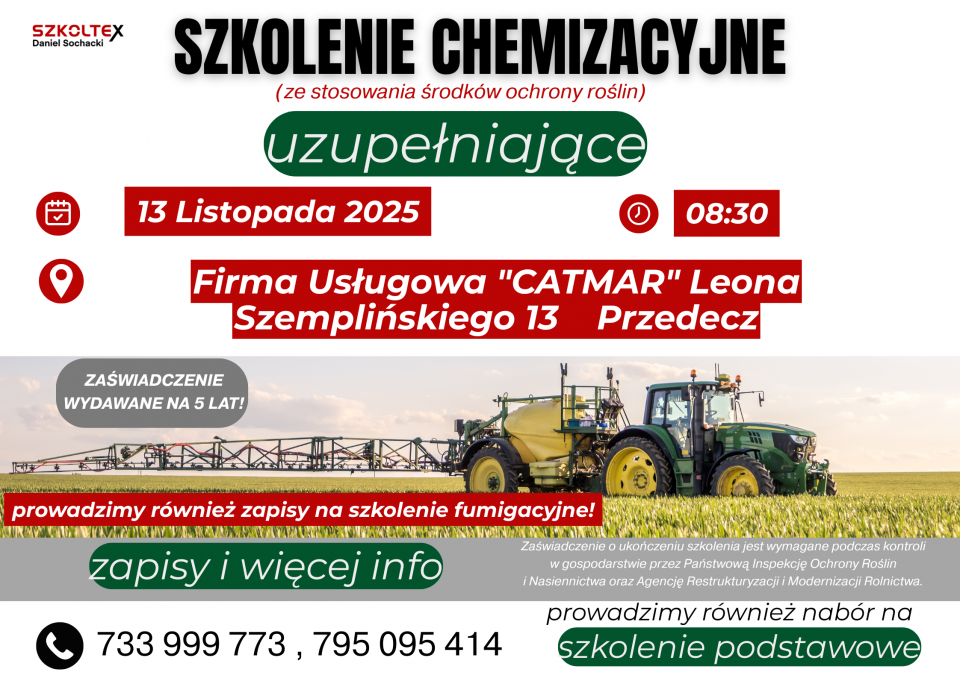 Na obrazku widoczny  duży ciągnik z opryskiwaczem na polu. Informacje o terminie kursu chemizacyjnego.